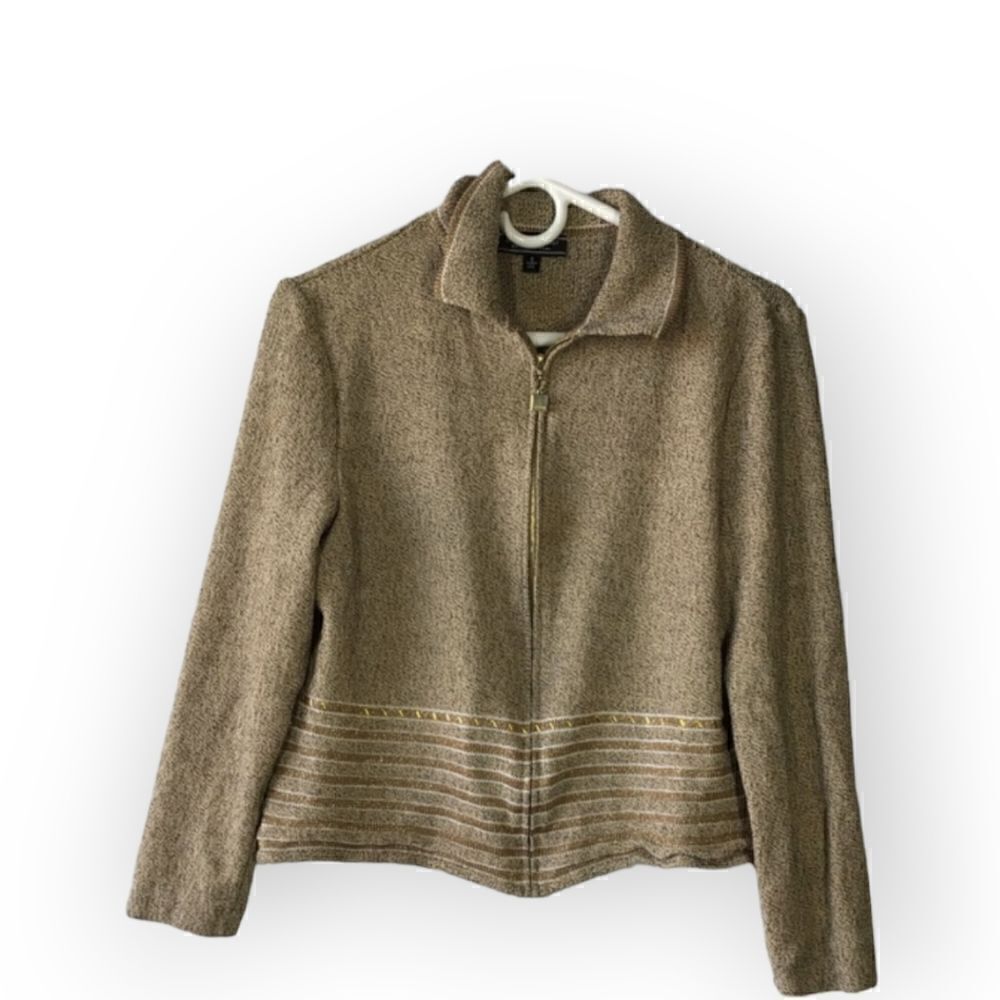 St. John Sport Marie Gray Gold Brown Knit Cardigan Jacket‎ Long Sleeve M
